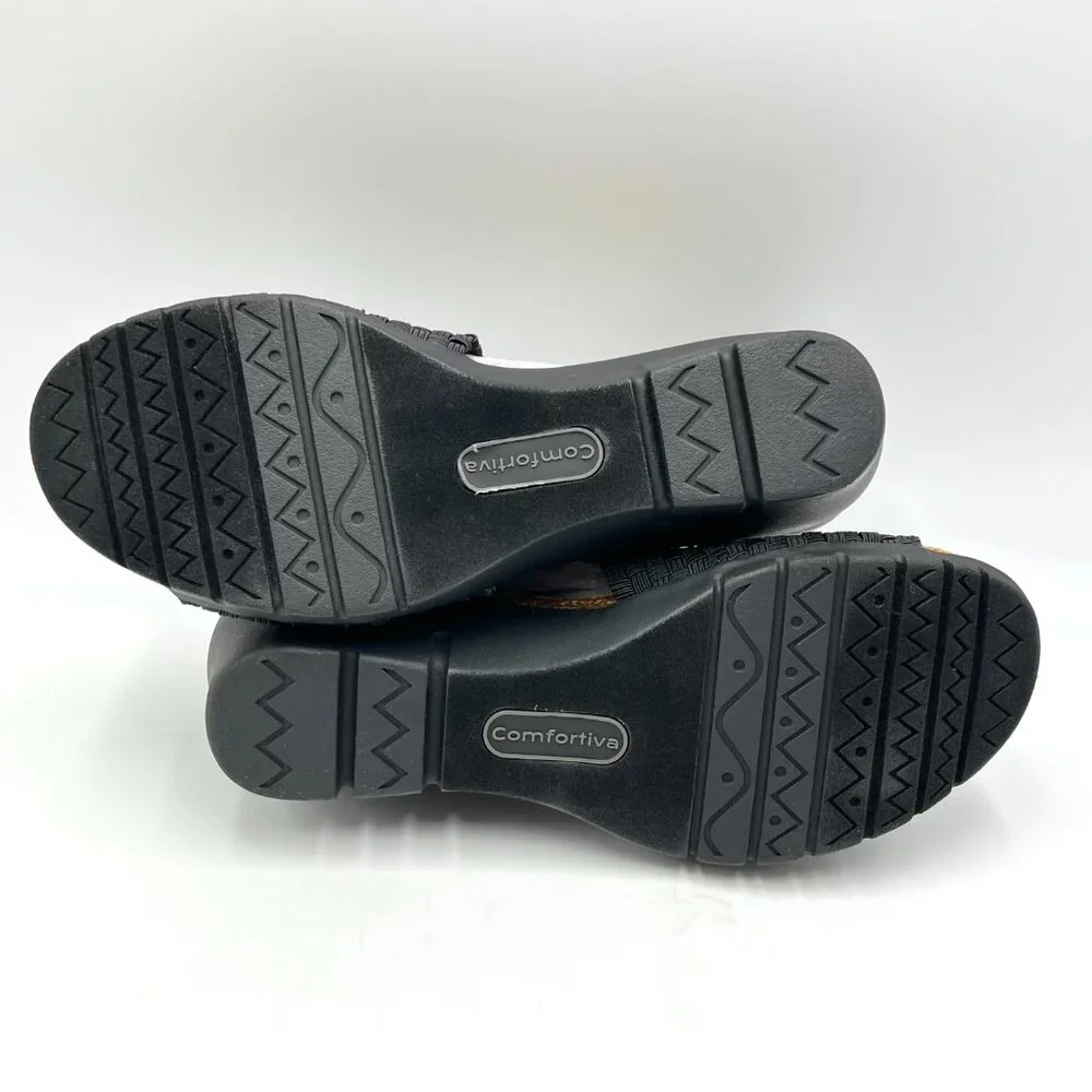 Comfortiva Womens Size‎ 6.5 Black Leather Textile Woven Wedges Sandals Shoes